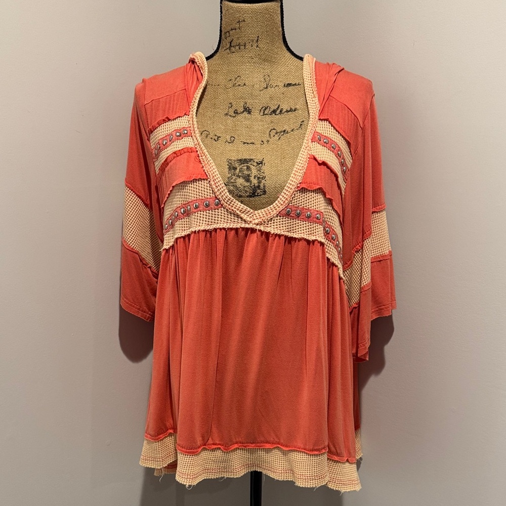 POL Coral Peasant Tunic with Cream Crochet Trim